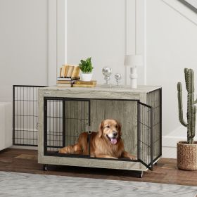 39" Dog Crate Furniture End Side Table with Wheels, Interchangeable Side Door, for Large Dogs, Gray