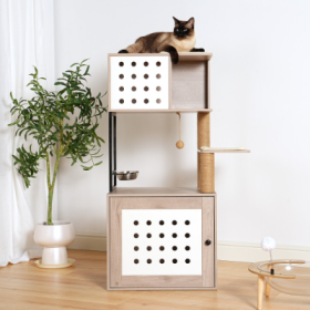 Cat Tree With Litter Box Enclosure, Allinone Cat Tower For Indoor Cats With Large Hammock, Bed, Food Station, Scratching Posts, Modern Style Pet (Option: Whitegray)